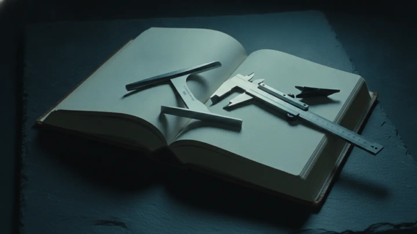 A bound volume of legislation open on dark slate with an engineer's steel square resting across the pages, lit cold cyan