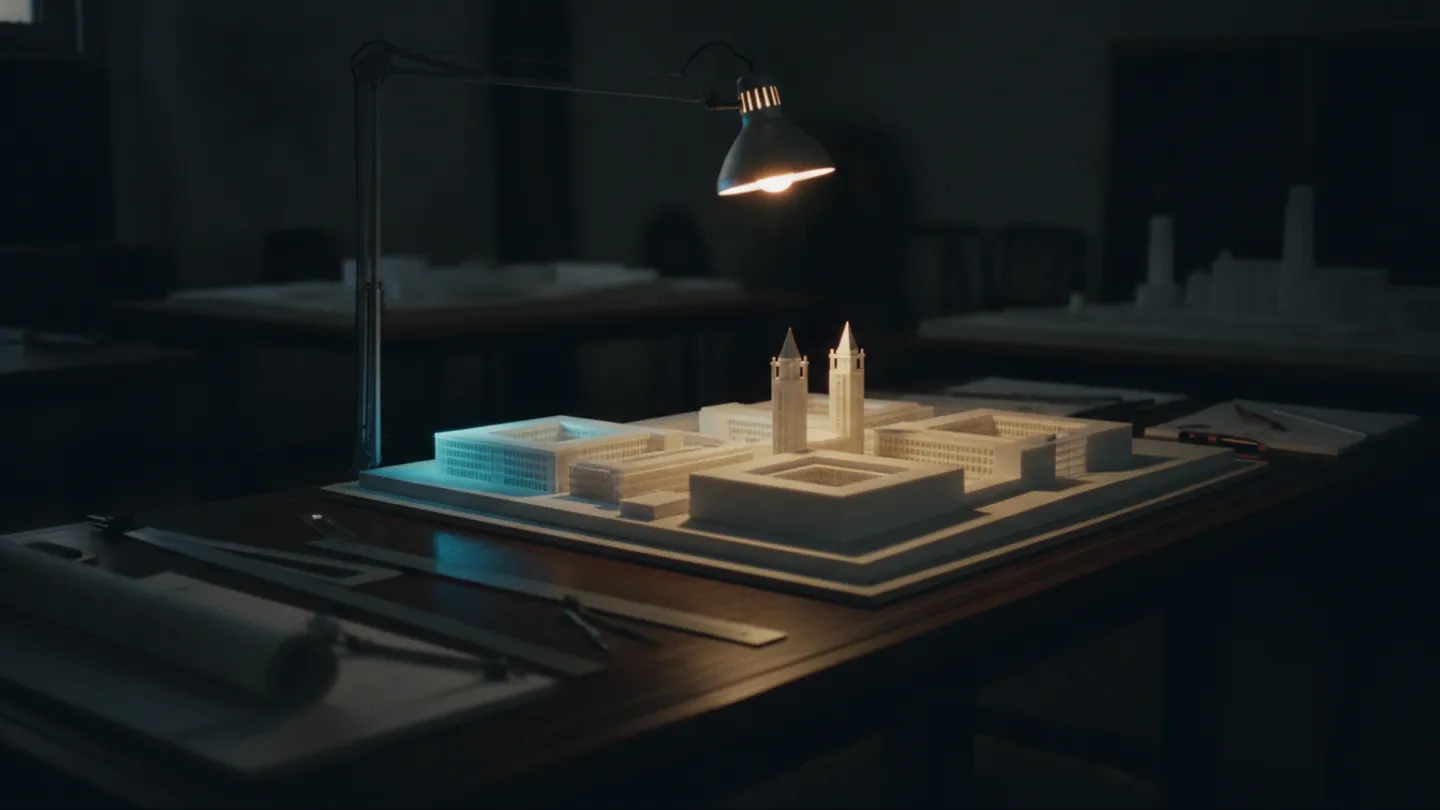 Architectural scale model on a dark drafting table under a single work lamp