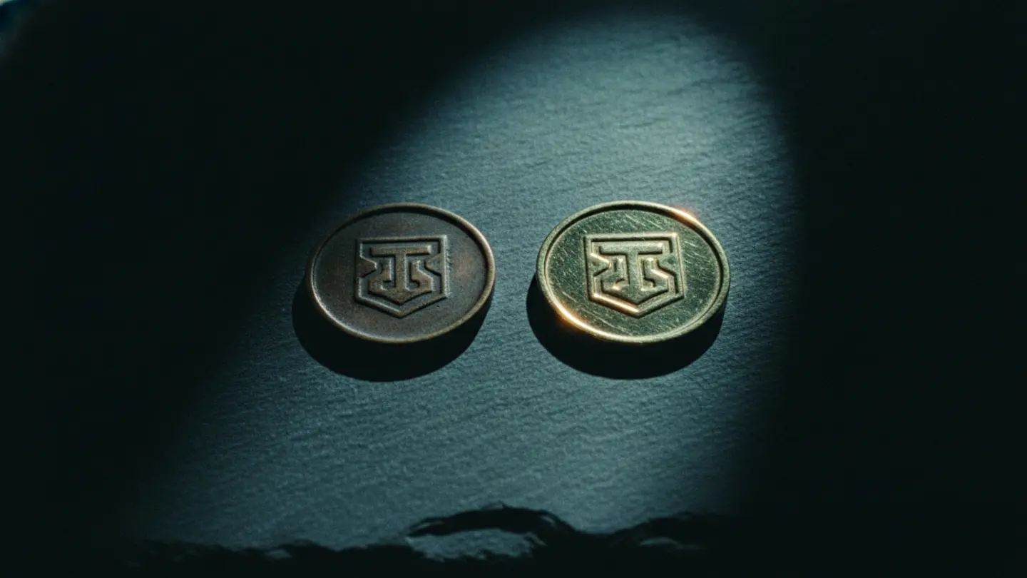 A worn brass cloakroom token beside its freshly cast duplicate on dark slate, lit cold cyan