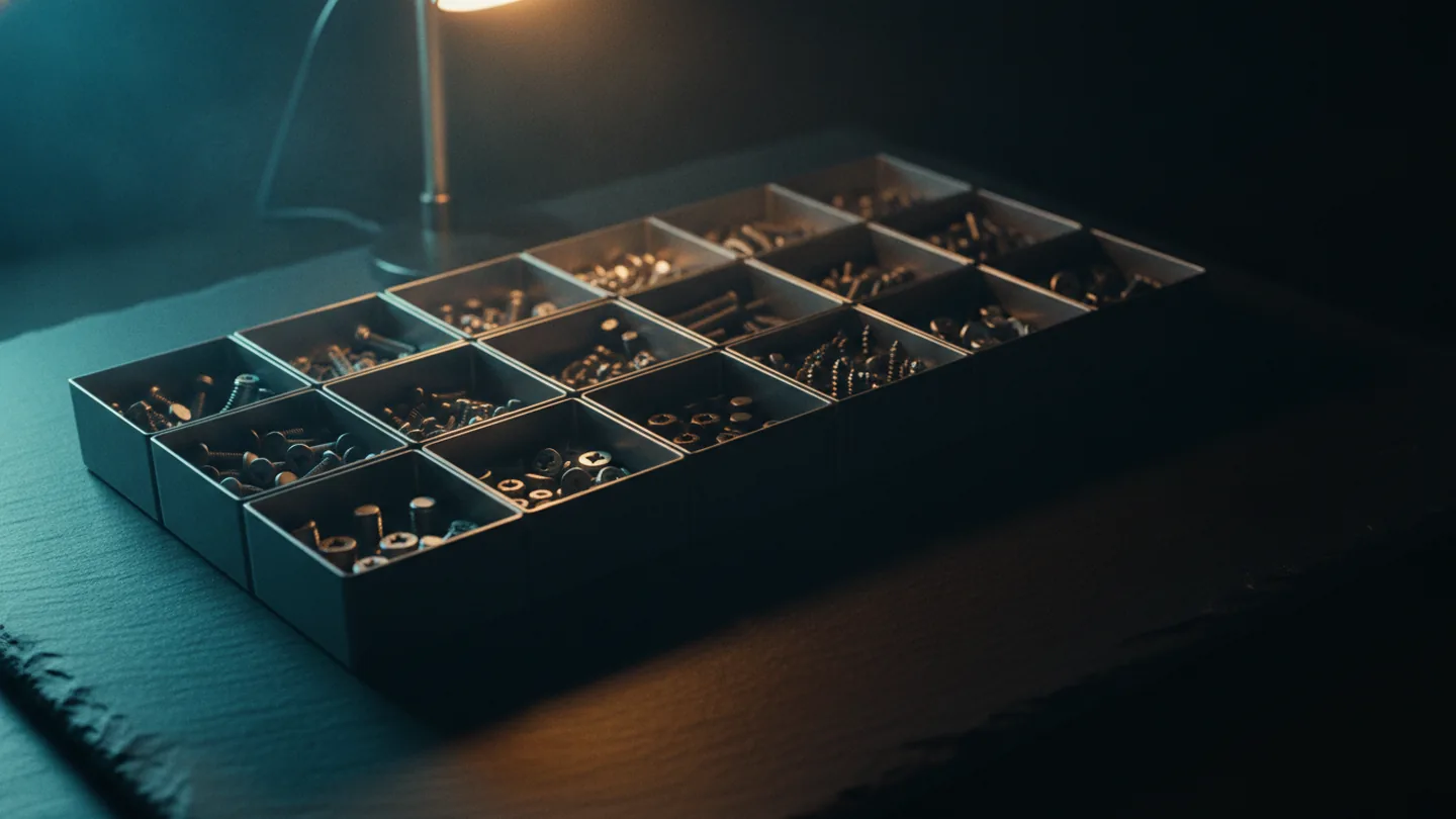 Sorted machine screws grouped in the compartments of a steel parts tray on dark slate, lit cold with a cyan highlight