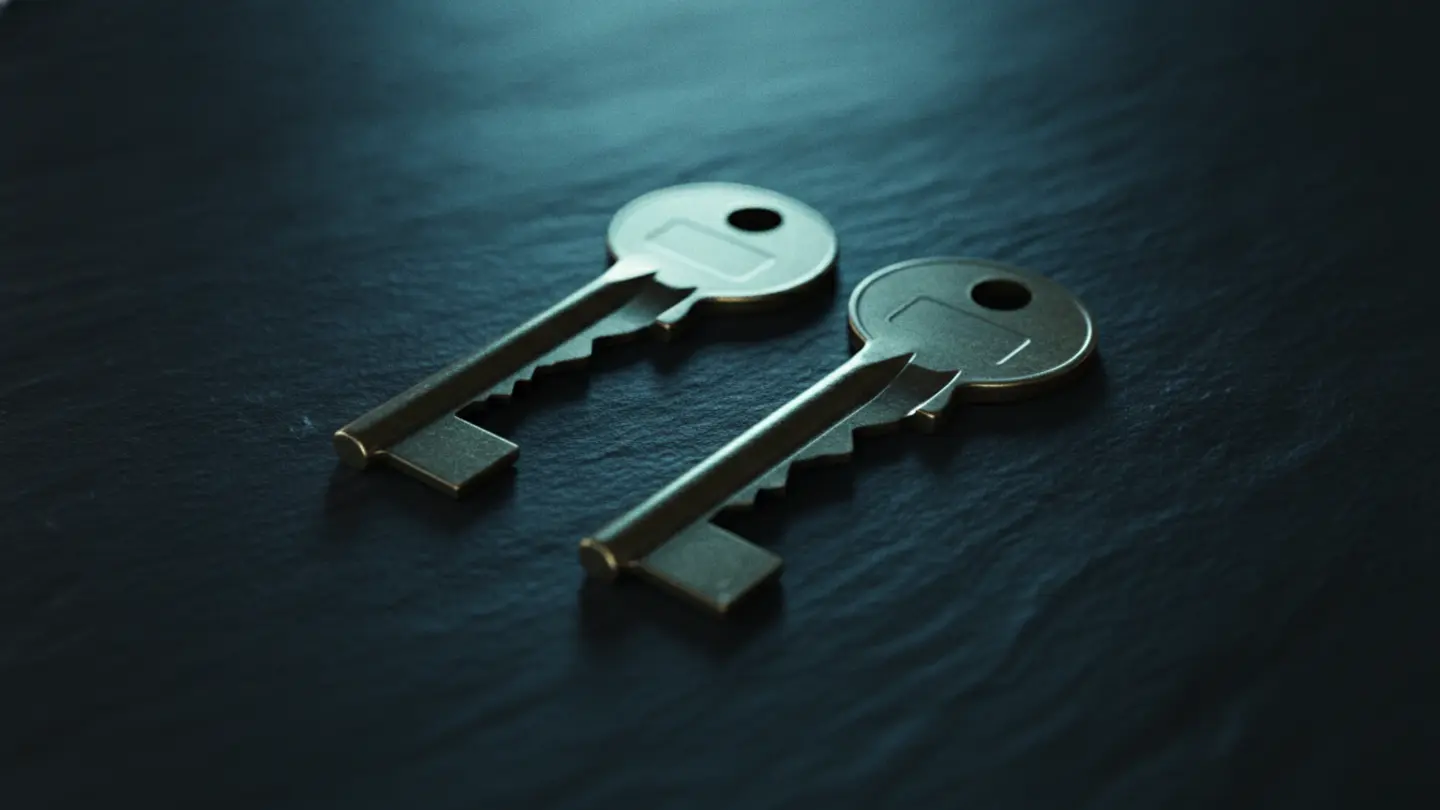 Two nearly identical brass keys side by side on dark slate, one with a subtly wrong cut, lit cold cyan