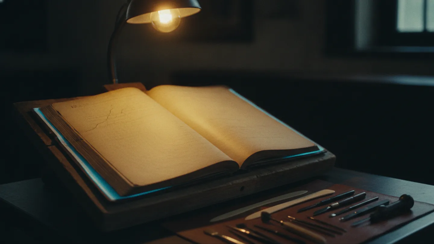 An open aged manuscript on a restorer's bench lit warm with a cool edge