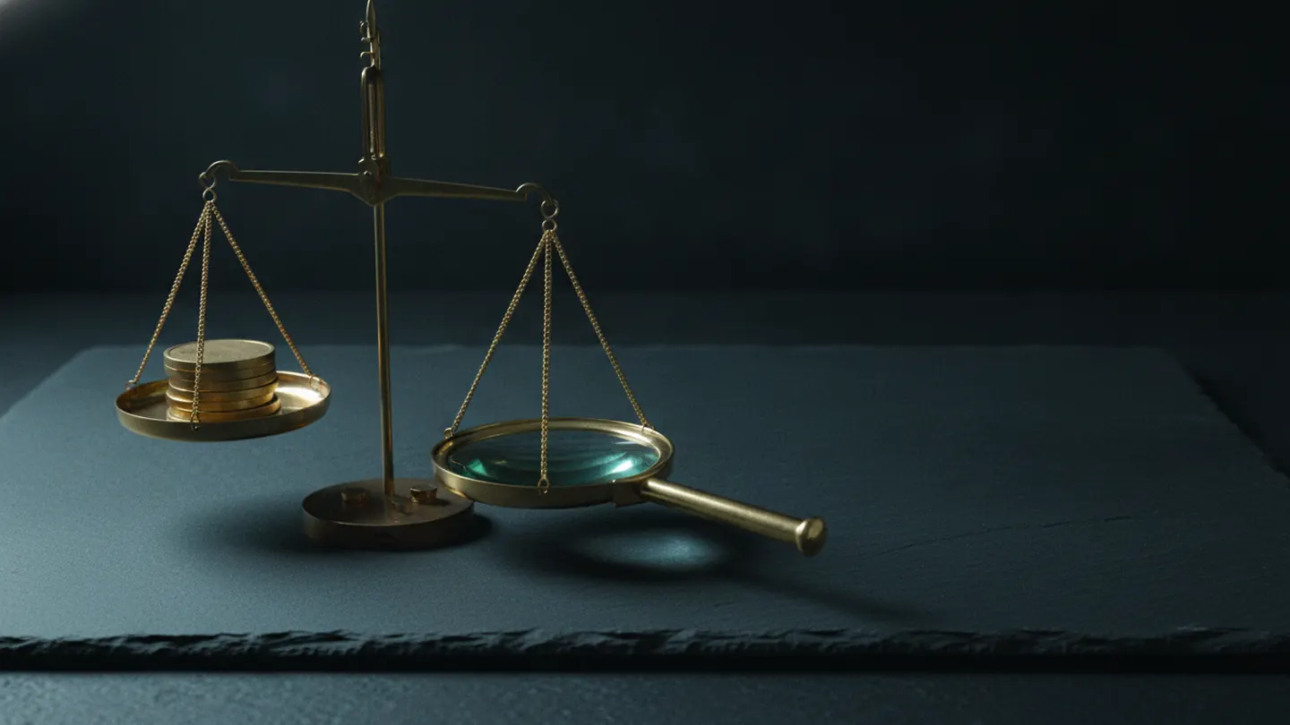 A brass balance scale weighing a stack of coins against a magnifying glass on dark slate, lit cold cyan