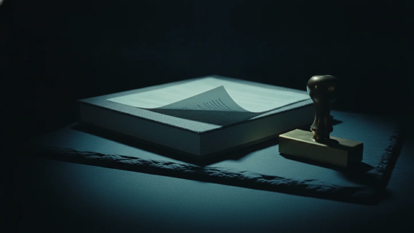 A thick bound report with one page lifted beside a brass date stamp, lit cold cyan on dark slate