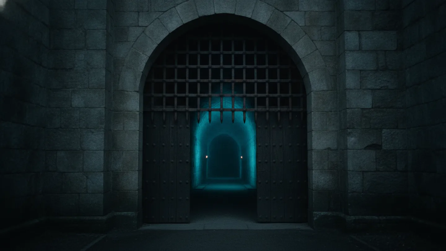 A raised iron portcullis over a dark stone passage lit cold blue beyond