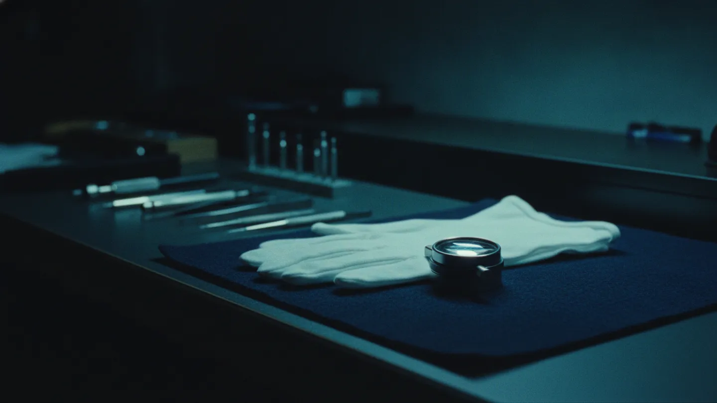 White cotton gloves and a jeweller's loupe on dark felt under cyan lamplight