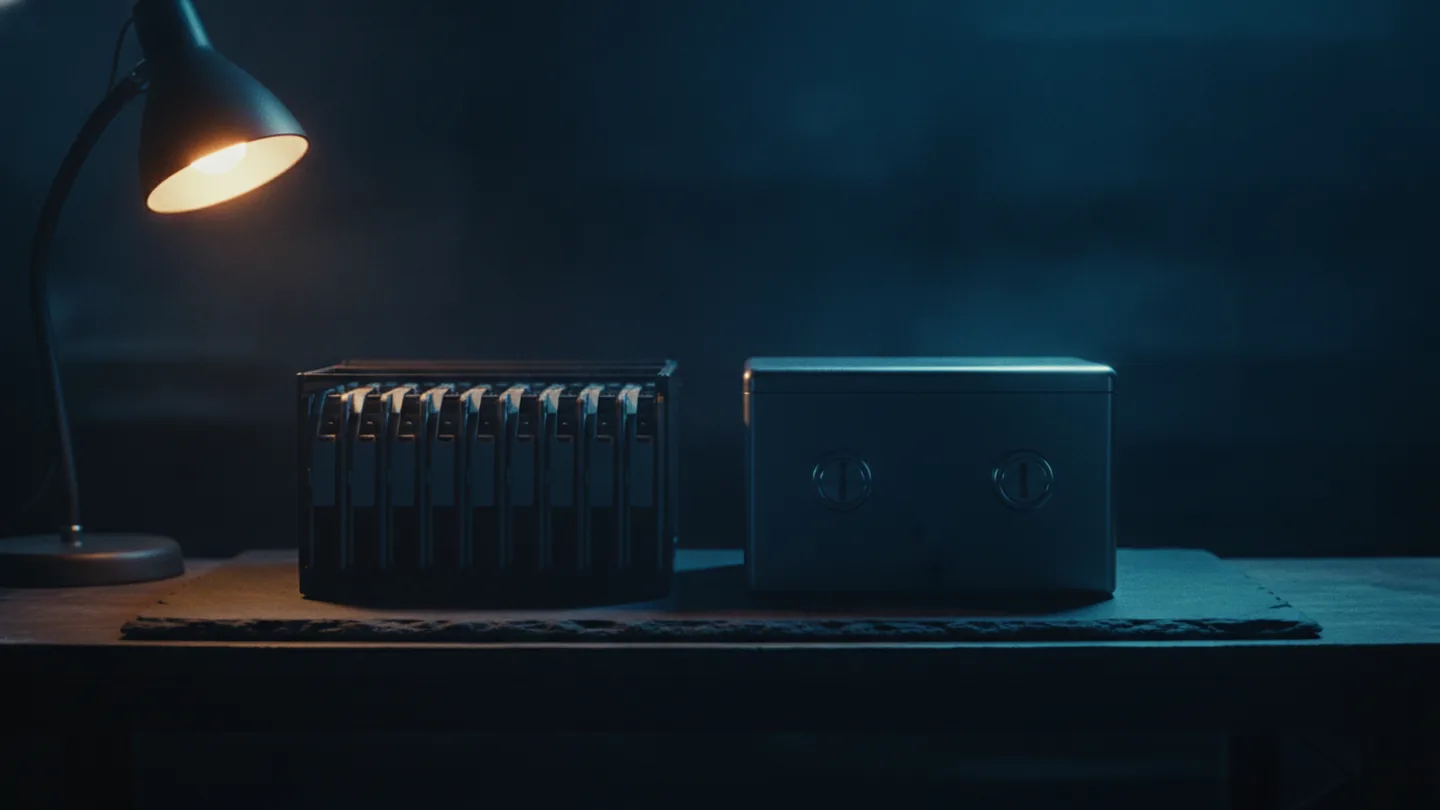 A rack of decommissioned disk drives beside a heavy steel lockbox on a workbench, lit cold blue on dark slate
