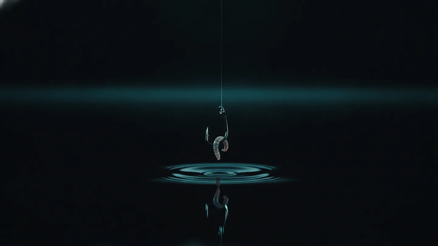 A baited fishing hook hangs over still dark water in cyan light