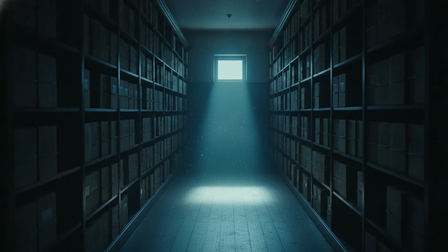 Boxed archive files receding down a dim records corridor toward a window