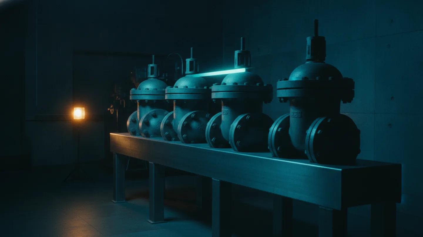 A row of sealed pipeline valves on a steel gantry lit cold cyan against dark slate