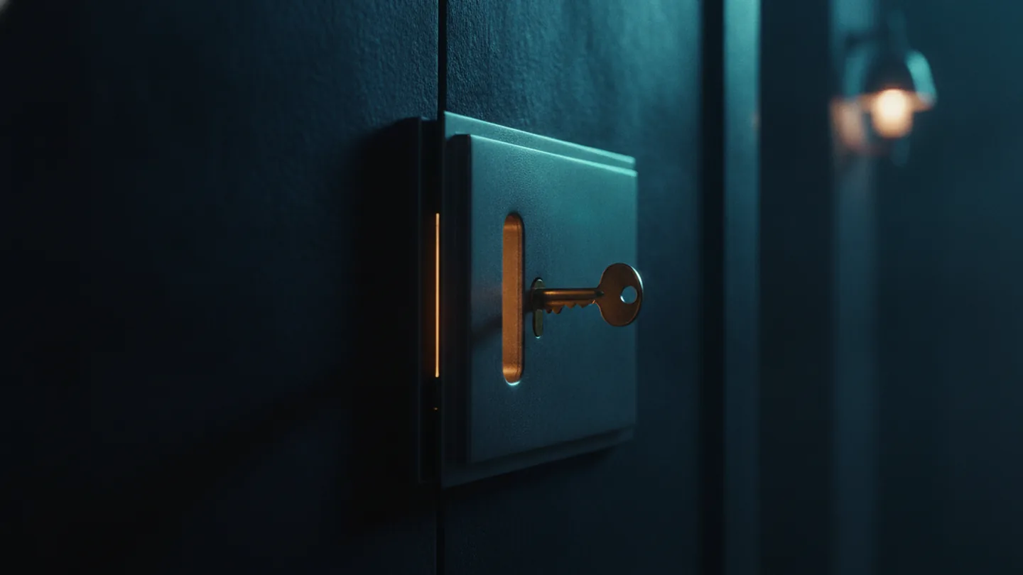 A ring of brass keys resting on a steel deposit box door, lit cold cyan on dark slate
