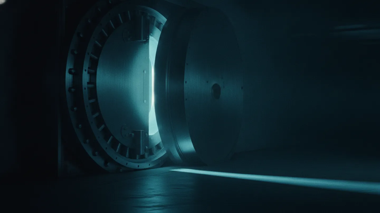 Steel bank vault door slightly ajar with cold cyan light leaking through