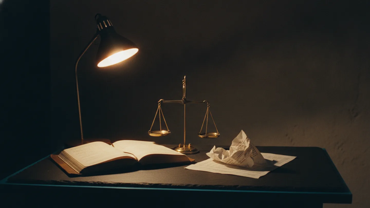 An open ledger, a bank statement and a brass balance scale under a desk lamp on dark slate