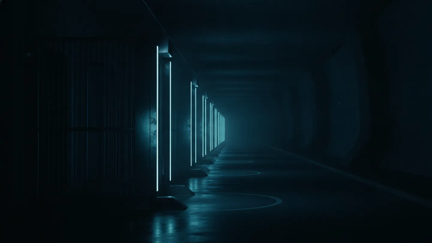 Checkpoint barriers receding down a dim concrete tunnel lit by cyan strips